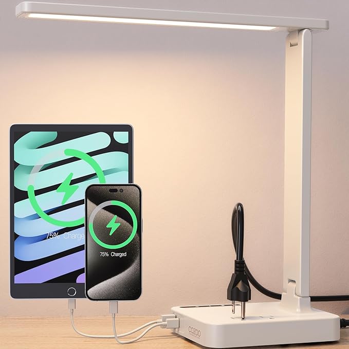 cozoo LED Desk Lamp with USB Charging Ports and Type C Port,2 AC Outlets,9 Lighting Modes,Touch/Memory/Timer Function,10W Eye Protection Foldable Reading Light,Study Lamp,Dorm Essentials Desk Light - LeafyLoom