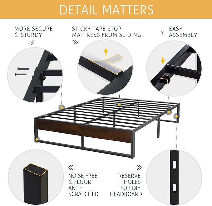 SHA CERLIN 14'' Full Size Metal Platform Bed Frame with Rustic Wood & Reverse Holes/Ample Under-Bed Storage Space/Mattress Foundation/No Box Spring Needed/Easy Assembly - LeafyLoom