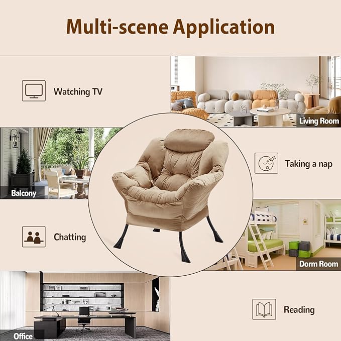 Lazy Chair Thick Padded, Accent Chair Velvet Upholstered with Wide Seat, Stable Metal Frame and Non-Slip Pad, Modern Sofa Armchair with Side Storage Bag for Dorm, Room, Office, Khaki - LeafyLoom