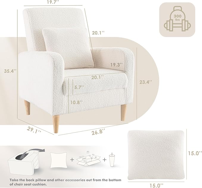 COLAMY Sherpa Upholstered Accent Chair Armchair with Pillow, Fabric Reading Living Room Side Chair,Single Sofa with Lounge Seat and Wood Legs, Cream - LeafyLoom