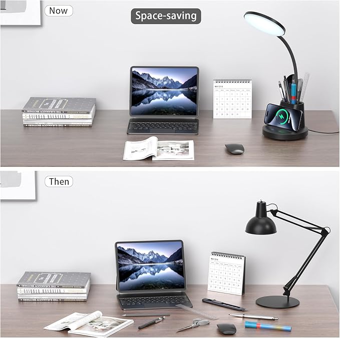 comzler LED Desk Lamp with Wireless Charger Pen Phone Holder, Black Desk Lamp for Home Office, Dimmable Desk Light 3 Color Modes, College Dorm Study Lamp for College Dorm, CRI 90 800 Lumen - LeafyLoom