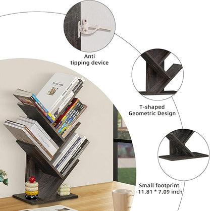 5 Tier Tree Book Shelf, Small Desktop Bookshelf with Storage Organizer, Wood Bookcase, Desk Display Bookshelves, Floor Standing Organizer Bookcases for Living Room,Bedroom,Office-Dark Grey - LeafyLoom