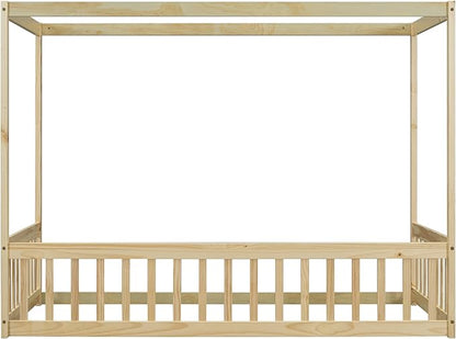 Twin Size Canopy Bed Frame with Guardrails for Kids,Floor Bed Twin with Four Poster Design,Kids Montessori Floor Bed,Wood Canopy Bed Frame for Girls,Boys(Twin,Natural) - LeafyLoom