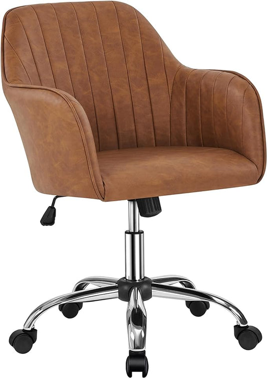 Yaheetech Modern Faux Leather Desk Chair Height Adjustable Task Chair Swivel Office Chair Makeup Chair Computer Chair Mid Back Chair Living Room Chairs with Arms Retro Brown - LeafyLoom