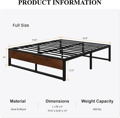 SHA CERLIN 14'' Full Size Metal Platform Bed Frame with Rustic Wood & Reverse Holes/Ample Under-Bed Storage Space/Mattress Foundation/No Box Spring Needed/Easy Assembly - LeafyLoom