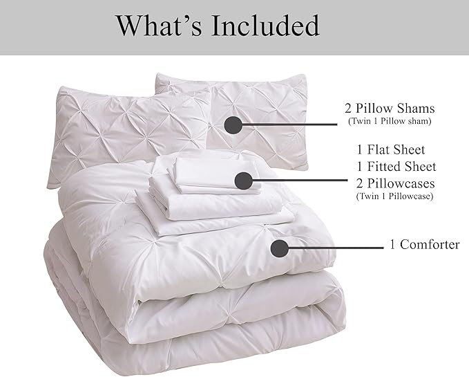 LANE LINEN White Comforter Set with Sheets, 7 Piece Bed in a Bag Queen Size, Pintuck Queen Bed Set, Ultra Soft Bedding Queen Size with Down Alternative Comforter, Sheets, Pillowcases & Shams - White - LeafyLoom