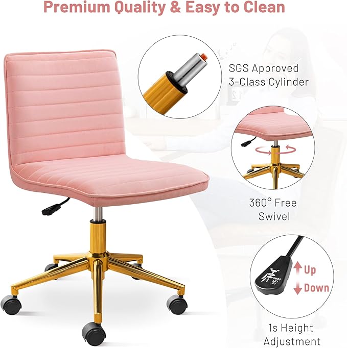 Furniliving Home Office Chair, Armless Vanity Chair with Wheels Swivel Velvet Computer Rolling Desk Chair with Back, Adjustable Accent Chair with Gold Metal Base Stool Chair,Pink - LeafyLoom