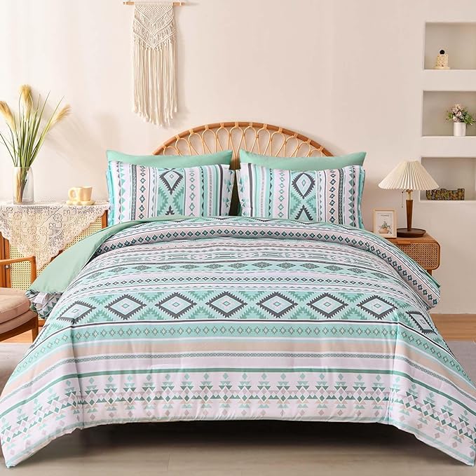 Dinjoy Sage Green Boho Comforter Set Queen Size,7 Pieces Bed in a Bag Queen Light Green Aztec Bedding Sets with Sheets Bohemian Geometric Striped Complete Set for All Seasons 90"x90" - LeafyLoom