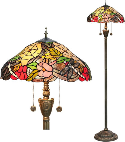 Tiffany Floor Lamp Dragonfly Style Spider Web Stained Glass for Living Room Bedroom Office Bright Lighting Rustic Corner Deco Standing Tall Vintage Unique Pull Chan Reading Aesthetic Lamps - LeafyLoom