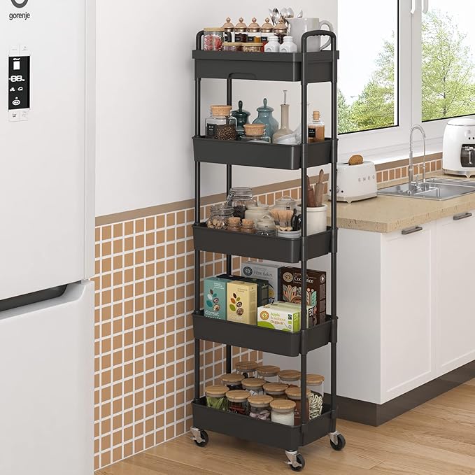 5-Tier Rolling Utility Cart，Trolley with Drawer, Multifunctional Storage Organizer with Plastic Shelf & Metal Wheels, Storage Cart for Living Room, Kitchen, Office, Bathroom, Black - LeafyLoom