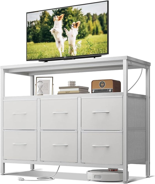 AODK TV Stand with Power Outlet, 40" Long TV Stand with 6 Large Fabric Drawers, Entertainment Center with Open Shelves for 55 Inch TV, Living Room, White Leather - LeafyLoom