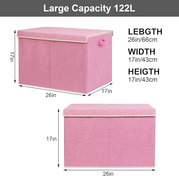 popoly 122L Large Toy Box Chest with Lid, Foldable Toy Storage Organizer Bin Boxes with Removable Divider for Kids, Boys, Girls, Nursery, Playroom, 26"x17" x17"(Linen Pink) - LeafyLoom