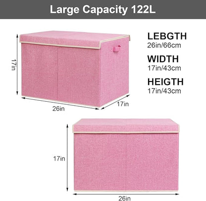 popoly 122L Large Toy Box Chest with Lid, Foldable Toy Storage Organizer Bin Boxes with Removable Divider for Kids, Boys, Girls, Nursery, Playroom, 26"x17" x17"(Linen Pink) - LeafyLoom