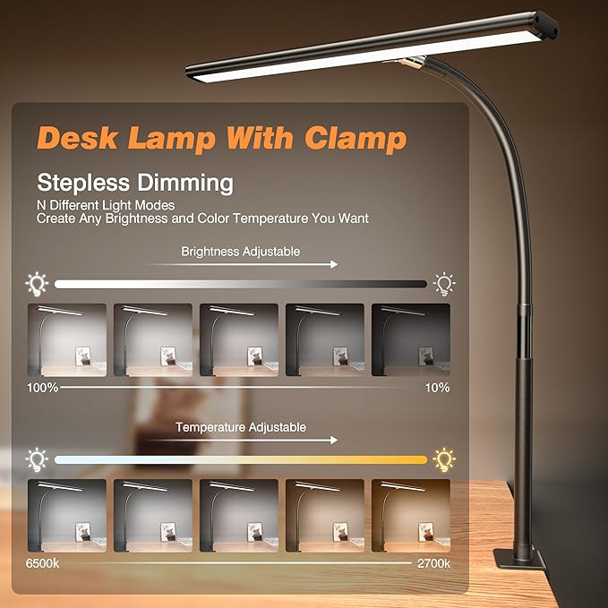 LED Desk Lamp for Office Home, Eye-Caring Desk Light with Stepless Dimming Adjustable Flexible Gooseneck, 10W USB Adapter Desk Lamp with Clamp for Reading, Study, Workbench (Black) - LeafyLoom