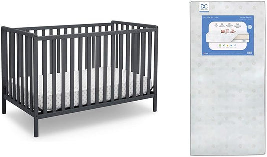 Delta Children Heartland 4-in-1 Convertible Crib, Charcoal Grey + Delta Children Twinkle Galaxy Dual Sided Recycled Fiber Core Crib and Toddler Mattress (Bundle) - LeafyLoom