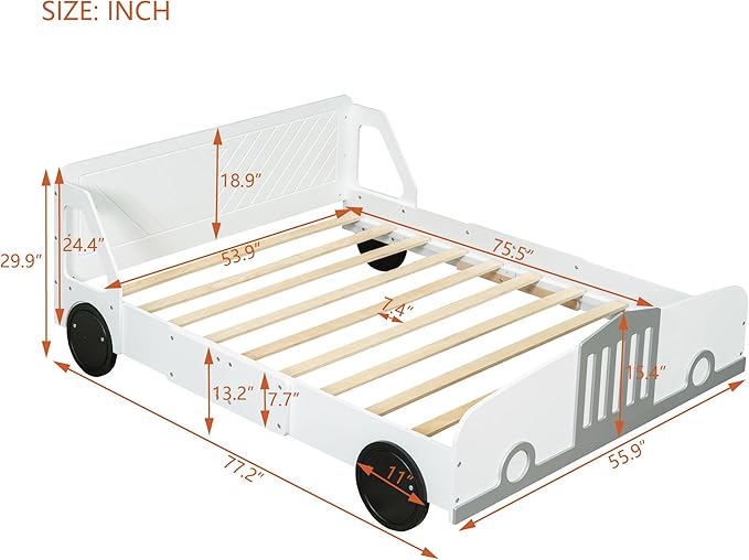 Full Size Car-Shaped Bed Frame for Kids,Wooden Platform Bed with Wheels and Side Rails for for Boys Girls,Wood Slat Supports,No Box Spring Needed,White - LeafyLoom