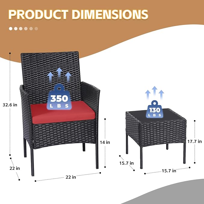 Patio Furniture Set 3 Pieces All-Weather Rattan Outdoor Furniture Patio Chairs with Tempered Glass Table for Porch Bistro Balcony Bistro Set(Black/Red) - LeafyLoom