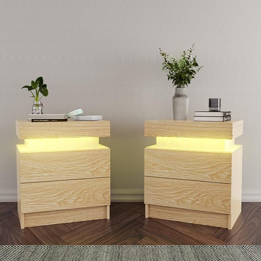 HOMMPA Set of 2 LED Nightstands Wood Night Stand with LED Light Modern Bedside Table with 2 Drawers Matte LED Nightstand for Bedroom Wood Color 20.5" Tall - LeafyLoom