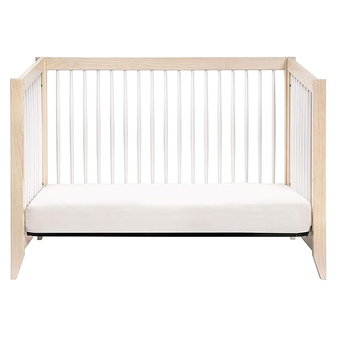 Babyletto Sprout 4-in-1 Convertible Crib with Toddler Bed Conversion Kit in Washed Natural and White, Greenguard Gold Certified - LeafyLoom