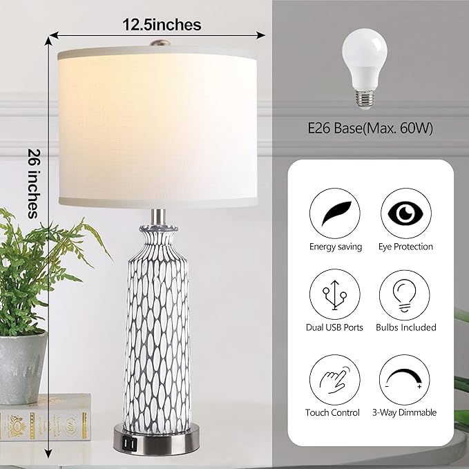 QiMH Table Lamp for Living Room with Touch Control,3-Way Dimmable Bedside Lamps for Bedroom with USB Ports, Modern Farmhouse Coastal Whitewash Gray Resin Nightstand Lamp(2700K LED Bulbs Included) - LeafyLoom