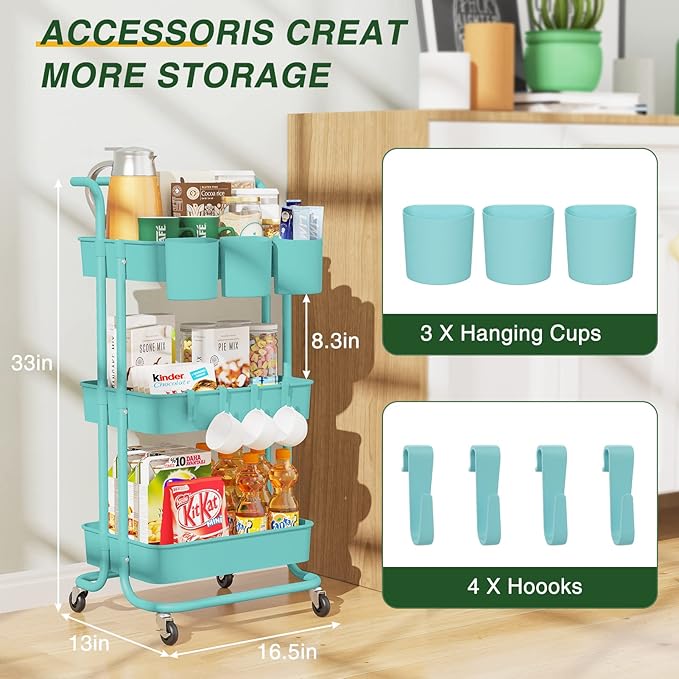 3-Tier Rolling Mobile Utility Cart with Hanging Cups & Hooks & Handle Multifunctional Organizer Storage Trolley Service Cart with Wheels Easy Assembly for Office, Bathroom, Kitchen (Blue) - LeafyLoom