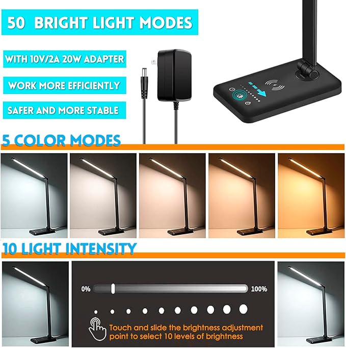 LED Desk Lamp with Wireless Charger, USB Charging Port, 10 Brightness, 5 Color Modes, Desk Lamps for Home Office, Dimmable Table Lamp Eye Caring Reading Light, Touch Control, Auto Timer, Black - LeafyLoom