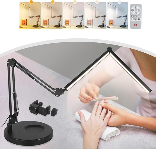 2-in-1 Desk Lamps for Nail Tech, 24W Large LED Desk Lamp with Remote Control, Dual Architect Lamp, 5 Colors Stepless Dimming Sleep Mode and Memory Function Workbench Light for Beauty Salon Home Office - LeafyLoom