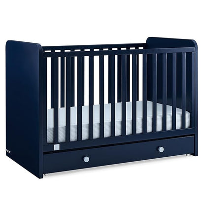 Delta Children babyGap Graham 4-in-1 Convertible Crib with Storage Drawer + Brannan Bear Bookcase with Bins + Brannan Bear Wall Shelf with 4 Hooks, Navy/Light Blue (Bundle) - LeafyLoom