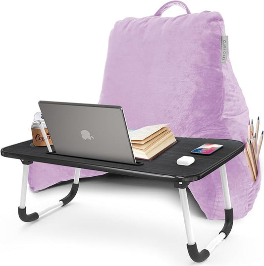 Clara Clark Reading Pillow with Portable Lap Desk for laptop Set, Back Pillow for Sitting Up in Bed, Memory Foam Back Support Pillow, Bed Rest Pillow with Foldable Laptop Desk, Standard - Lavender - LeafyLoom