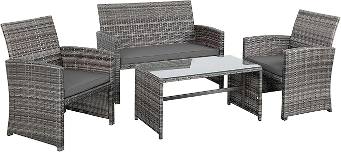 Shintenchi 4-Piece Outdoor Gray Wicker Patio Conversation Furniture Set, Rattan Patio Furniture Set with Weather Resistant Cushions and Tempered Glass Tabletop,Grey - LeafyLoom