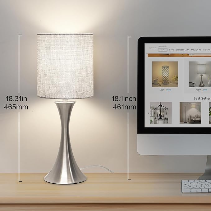 3 Way Touch Control Table Lamp, Dimmable Bedside Desk Lamp with Metal Base Modern Nightstand Lamp Stylish Grey Shade Simple Side Table Lamp for Bedroom, Living Room, Office or Den LED Bulb Included - LeafyLoom