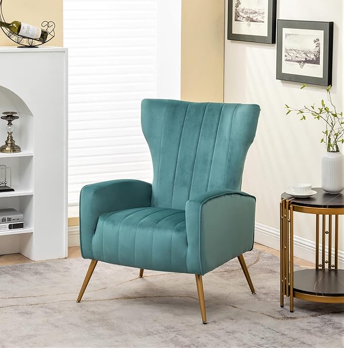 Armchair Modern Velvet Accent Chair, Channel Tufted Bedroom, Office or Living Room Furniture with Elegant Metal Legs, Teal - LeafyLoom