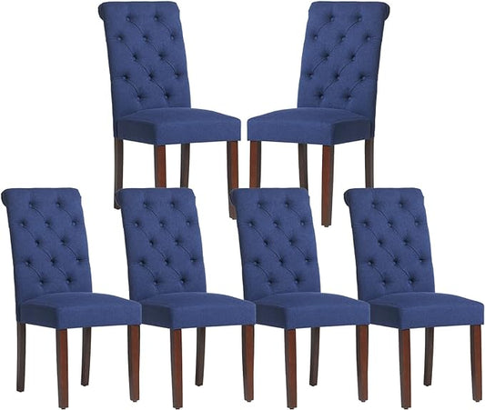 COLAMY Button Tufted Dining Chairs Set of 6, Parsons Upholstered Fabric Dining Room Chairs Kitchen Chairs with Wood Legs and Padded Seat, Dark Blue - LeafyLoom