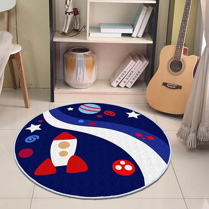 Eanpet Round Rug for Kids Room 4ft Nonslip Circle Area Rug for Boys and Girls Soft Toddlers Play Mat Circular Nursery Rug Indoor Floor Mats Carpet for Children Classroom Playroom Bedroom,Universe - LeafyLoom