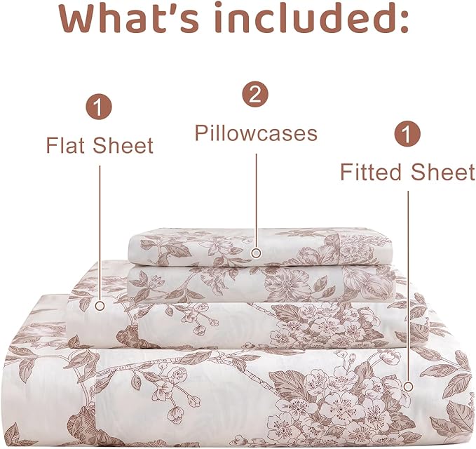 QSH Floral Egyptian Cotton Sheets King Size - Flower Bedding Sheets Botanical Pattern Printed Bedding King Size Bed Sheets 17.5" Extra Deep Pocket 4pcs - LeafyLoom