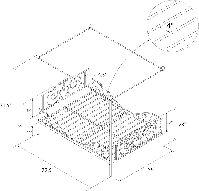 DHP Metal Canopy Kids Platform Bed with Four Poster Design, Scrollwork Headboard and Footboard, Underbed Storage Space, No Box Sring Needed, Full, Pink - LeafyLoom