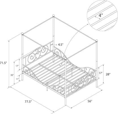 DHP Metal Canopy Kids Platform Bed with Four Poster Design, Scrollwork Headboard and Footboard, Underbed Storage Space, No Box Sring Needed, Full, Pink - LeafyLoom