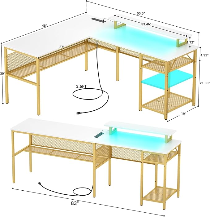 Reversible L Shaped Computer Desk with Power Outlet & Monitor Stand, 55 Inch Office Desk with RGB LED Light, Sturdy Corner Desk with Storage Shelf, Gaming Table, Easy to Assemble, White - LeafyLoom