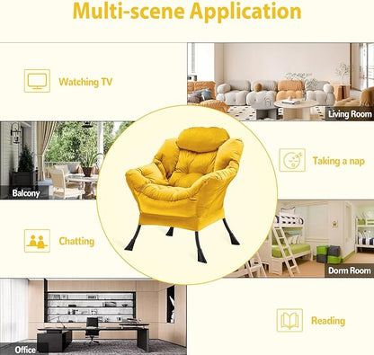 Lazy Chair Thick Padded, Accent Chair Velvet Upholstered with Wide Seat, Stable Metal Frame and Non-Slip Pad, Modern Sofa Armchair with Side Storage Bag for Dorm, Room, Office, Yellow - LeafyLoom