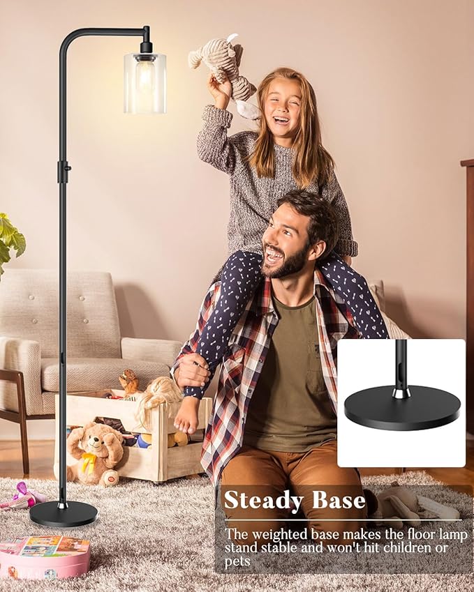 Lightdot 63IN Dimmable Industrial Floor Lamp, Black Modern Standing Lamps with Clear Glass Lampshade, E26 LED Bulb Included, Farmhouse Floor Lamp for Living Room Bedroom - LeafyLoom