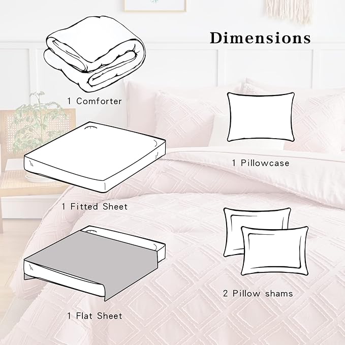 6 Pieces Tufted Bed in a Bag Twin Comforter Set with Sheets Blush, Soft and Embroidery Shabby Chic Boho Bohemian, Luxury Solid Color with Diamond Pattern, Jacquard Tufts Bedding Set for Kids Girls - LeafyLoom