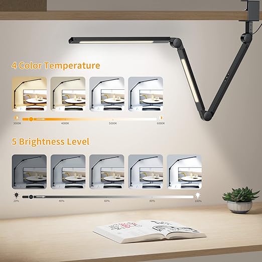 EppieBasic Led Desk Lamp with Clamp, Dual Light Swing Arm Architect Desk Light for Home Office, Dimmable & 4-Color Modes, 12W Eye-Care Office Lighting with Memory & Timer for Monitor Studios Reading - LeafyLoom