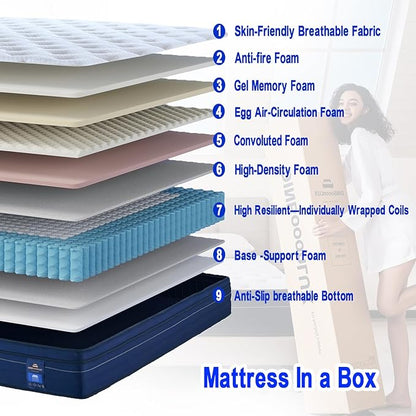 King Size Mattress,12 Inch Gel Memory Foam Hybrid Mattress in a Box,Motion Isolation Individually Pocket Innerspring ,Pressure Relief,Back Pain Relief,Breathable,Medium Softer,Non-Fiberglass Mattress - LeafyLoom