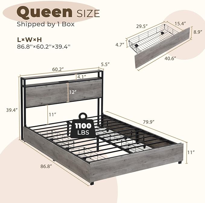 LED Queen Bed Frame with 4 Storage Drawers & Charging Station, Platform Metal Bed Frame with Headboard, Noise-Free, No Box Spring Needed, Ancient Gray - LeafyLoom