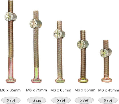 25-Set M6 Phillips Head Bolts Barrel Nuts Assortment Kit for Chairs Furnitures, Bunk Bed Crib Hardware Replacements Kit, M6x45mm/ 55mm/ 65mm/ 75mm/ 85mm Zinc Plated - LeafyLoom