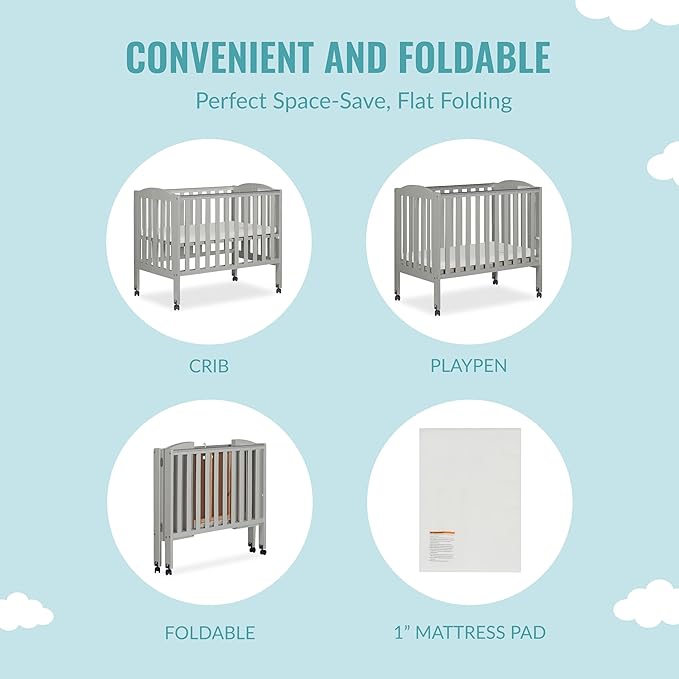 2 in 1 Folding Portable Crib in Cool Grey, Greenguard Gold Certified , 40x26x38 Inch (Pack of 1) - LeafyLoom