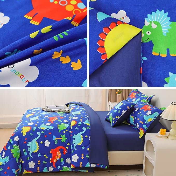 Dinosaur Comforter Set for Boys, 6 Pcs Bed in a Bag Twin Blue Dinosaur Wild Park Jungle Print Kids Bedding Set with Sheets - LeafyLoom