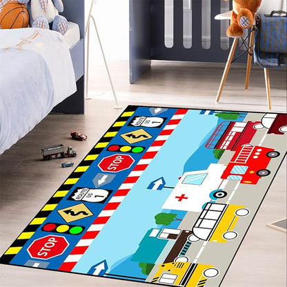 Cartoon Ambulance Car Area Rug Car Carpet for Kids Play Rug for Cars and Trucks Car Rug Play Mat Car Track Rug Truck Rugs for Boys Room Rugs for Boys Bedroom,Light Blue 3'×5' - LeafyLoom