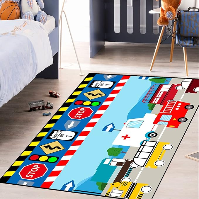 Cartoon Ambulance Car Area Rug Car Carpet for Kids Play Rug for Cars and Trucks Car Rug Play Mat Car Track Rug Truck Rugs for Boys Room Rugs for Boys Bedroom,Light Blue 3'×4' - LeafyLoom