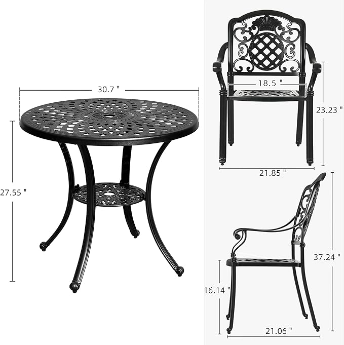 DWVO 5 Piece Outdoor Furniture Cast Aluminum Patio Dining Sets, All-Weather Patio Bistro Sets with 4 Chairs, 30 Inches Round Table with Umbrella Hole, Adjustable Feet for Balcony Backyard Deck Garden - LeafyLoom